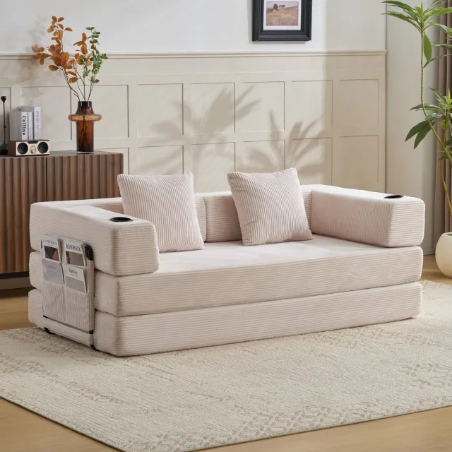 Zubaliya Slaapbank - 2 Zits Vloerbank Corduroy Wit - Opvouwbare Sofa Bed Met Armleuningen, Kussens, Bekerhouder En Zijvak - Ruimtebesparende Lounge Bank Voor Woonkamer