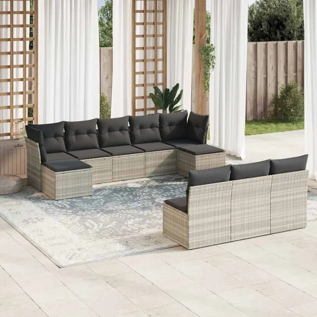 vidaXL 10-delige Loungeset met kussens poly rattan lichtgrijs grijs, foto 2