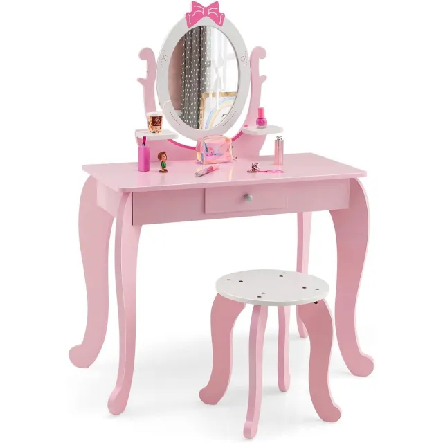 KOMFOTTEU Make-uptafelset voor kinderen - met spiegel, kaptafel - voor meisjes met lade - make-uptafel met kruk voor kinderen - roze