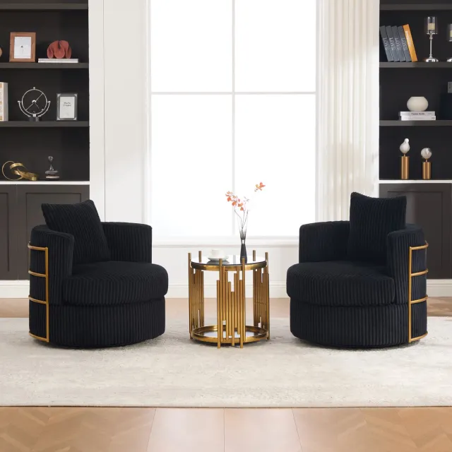 OKWISH Fauteuil – 2-Delige Set Met 360 Graden Draaifunctie En Opbergruimte – Voor Woonkamer Of Slaapkamer – Cord – Zwart