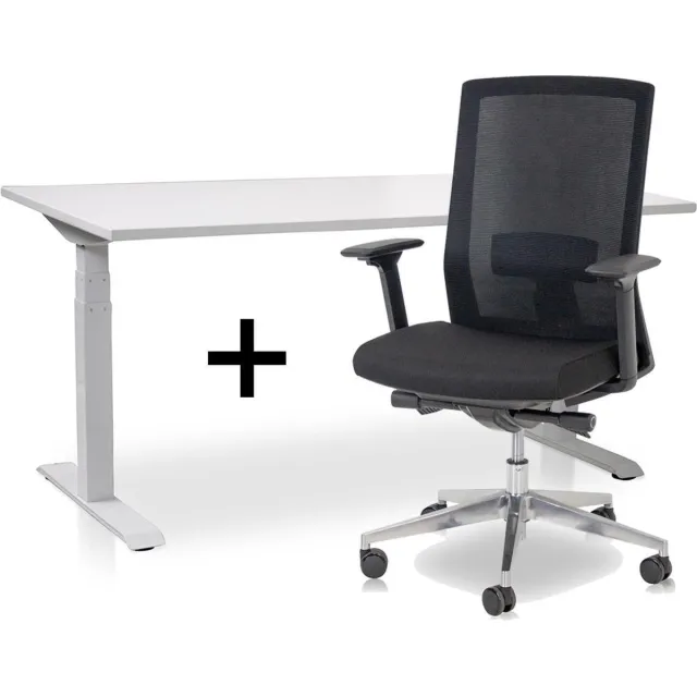 Lineaflex MRC Zit-sta bureau elektrisch verstelbaar + ERGO Bureaustoel | MRC PRO NEN-EN 527 Thuiswerkset | frame bureau wit - bureaublad wit | 140x80 cm Wit bureauframe