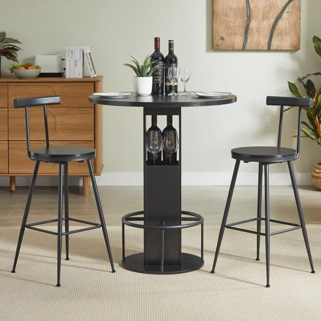 MIVRAY Bartafelset - Ronde Eettafel Met 2 Krukken En Opbergruimte - Voor Keuken En Woonkamer - Spaanplaat En Staal - Zwart