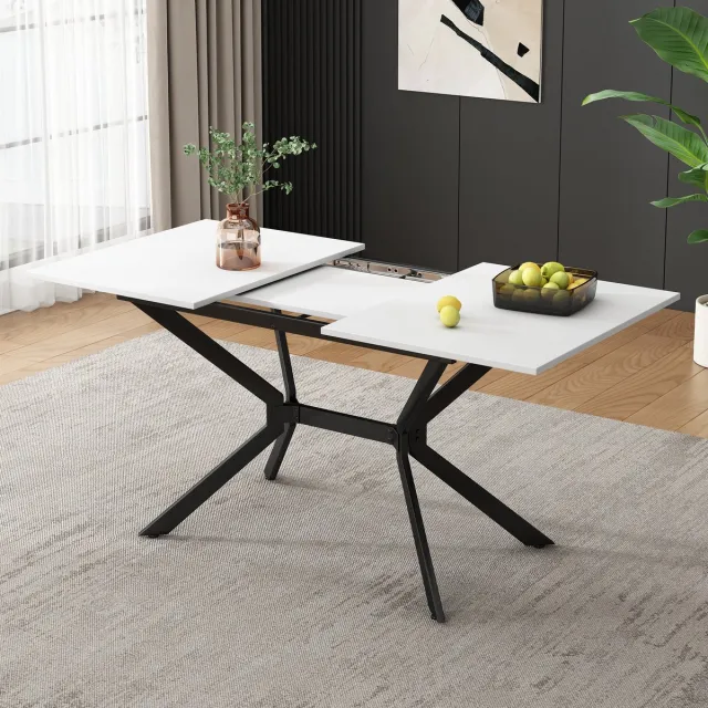 Zubaliya Uitbreidbare Eettafel 120/160x80 cm - Witte Tafel Met Zwarte Metalen Onderstel Wit