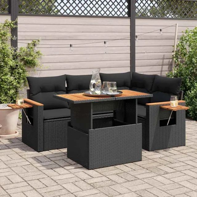 vidaXL 5-delige Loungeset met kussens poly rattan acacia zwart, foto 2