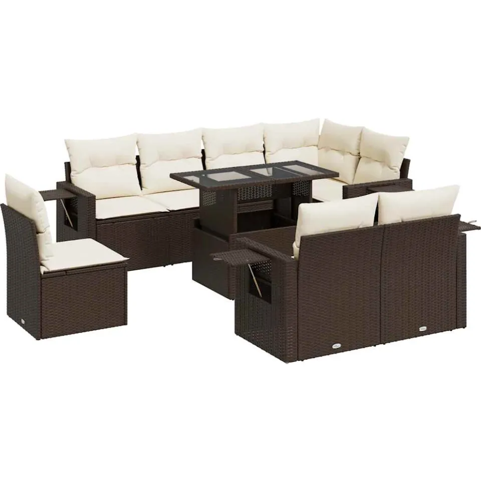 vidaXL 9-delige Loungeset met kussens poly rattan bruin