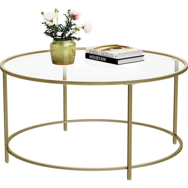 Nancy's Salontafel - Ronde Glazen Tafel - Gouden Ijzeren Frame