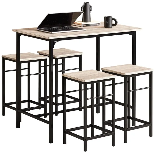Sello! bartafel met barkruk – 4 barkrukken – keuken – ruimtebesparend – B100 x H87 x D60cm – metalen frame – zwart – houtlook