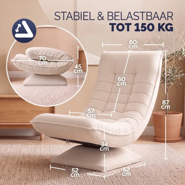 Casaria Relaxstoel met Verstelbare Rugleuning – Cord Crème