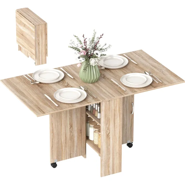 Lunpog Eettafel met wielen - Opklapbare/uitschuifbare eettafel - Geschikt voor keuken en eetkamer - Afmetingen: 75 x 140 x 74 cm - Natuurlijke houtkleur
