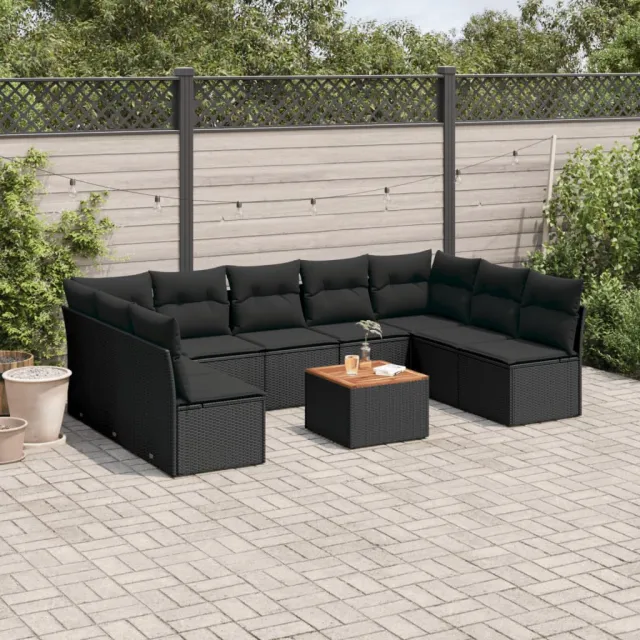 vidaXL 10-delige Loungeset met kussens poly rattan zwart, foto 2