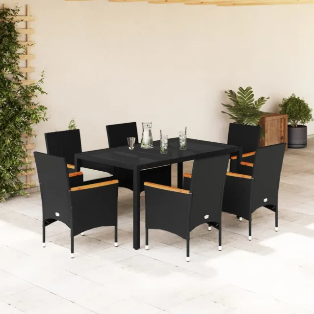 vidaXL 7-delige Tuinset met kussens poly rattan en acaciahout zwart, foto 2