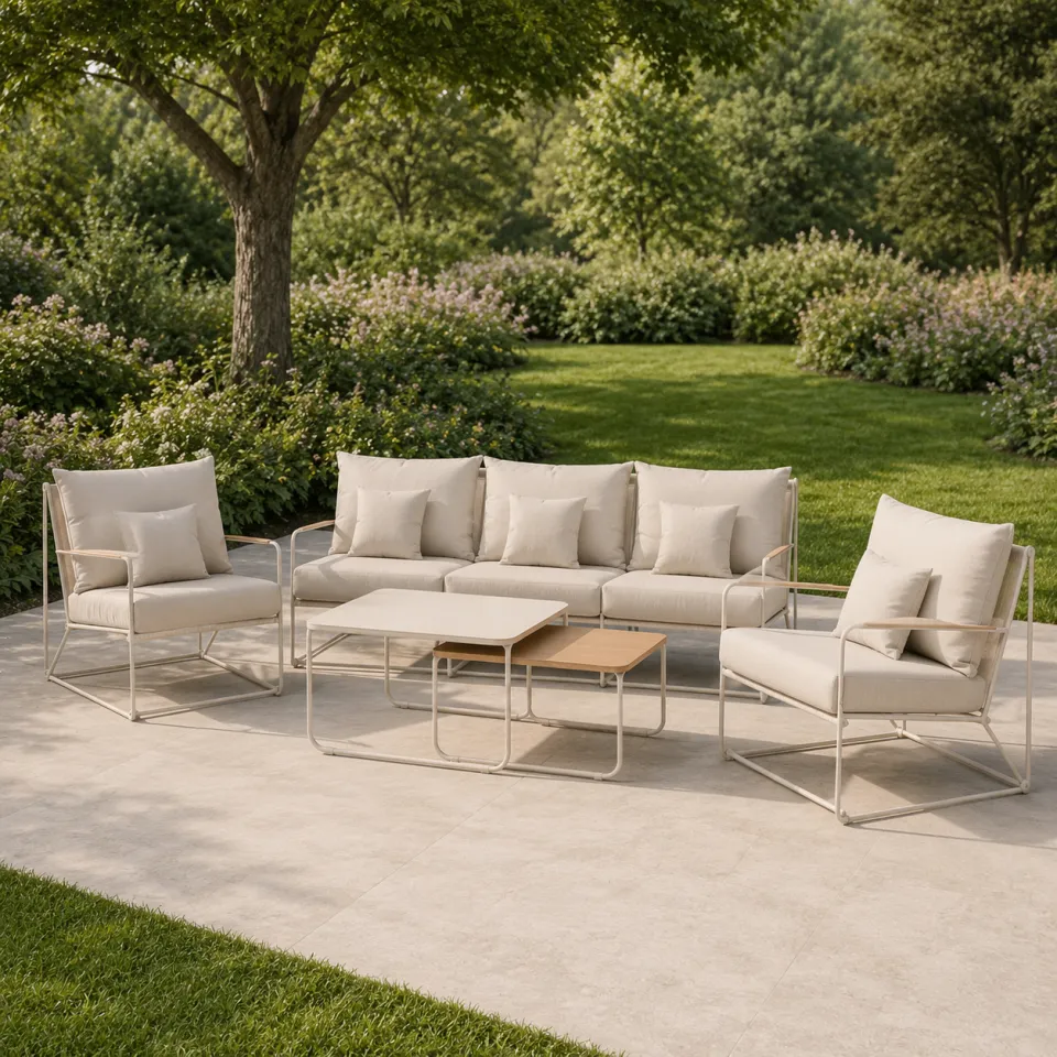 Nest outdoor Paolo 4 delige tuin loungeset beige - driezitsbank, twee fauteuils en twee salontafels - met beige zitkussens, foto 2