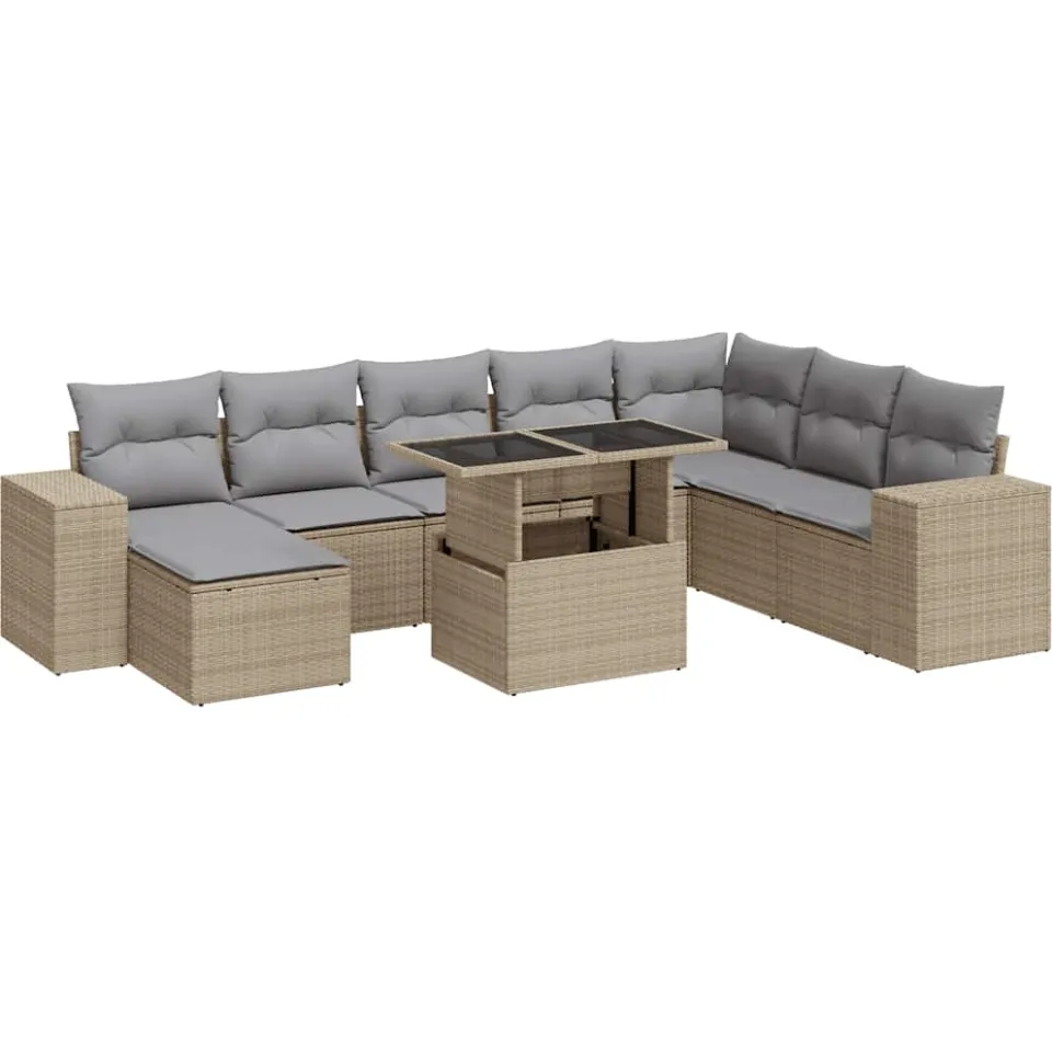 vidaXL 9-delige Loungeset met kussens poly rattan beige, foto 3