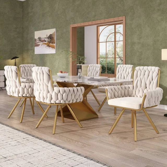 MODFU Eetkamerstoelenset - Draaibaar Met Armleuningen - Modern - Metaal - Beige - 6 Stuks