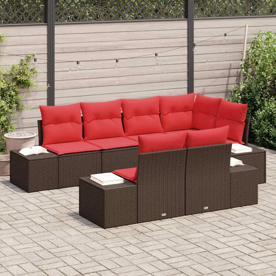 vidaXL Tuinbankenset 7 st Bruin en Rood poly rattan, foto 2
