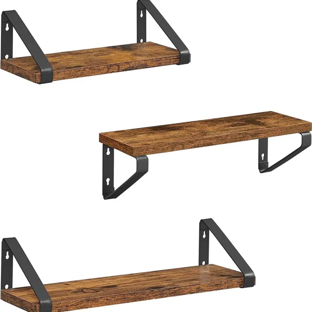 Azuru Set van 3 Boekenplanken - Zwevende planken - Hout - Metaal - Bruin - Zwart Vintage bruin en zwart