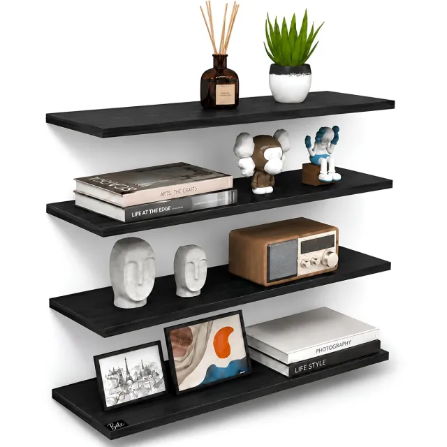 BOTC Zwevende Wandplank - 4-delige wandplankenset - 40x15cm - geschikt voor woonkamer, slaapkamer en keuken - Zwart