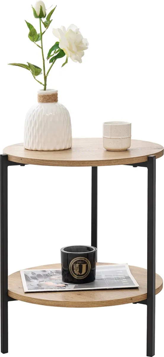 en.casa Bijzettafel Kuopio rond 50x40 cm zwart en houtkleurig