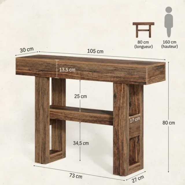 REDOM Sidetable - 2 open opbergniveaus - Verstelbare voeten - Landelijke stijl - MDF - Bruin - 105 x 30 x 80 cm