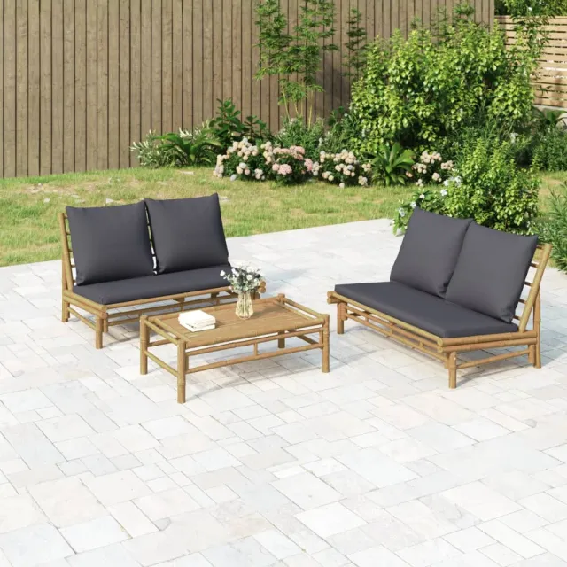 vidaXL 3-delige Loungeset met kussens bamboe donkergrijs bruin, foto 2