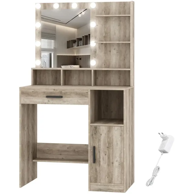 Happiq Dressing Table – Voor Slaapkamer en Make-up – Kaptafel met Spiegel, 10 LED-Lampen, 3 Planken, 4 Open Vakken en Grote Lade – Grijs Gray