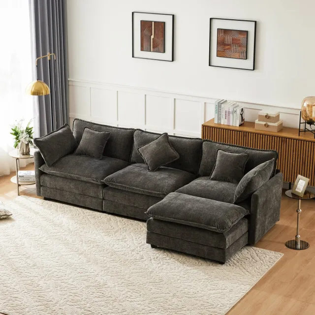 FloraGrace Hoekbank 283 x 147 cm - 3-Zits Met Verplaatsbare Hocker - Voor Woonkamer En Slaapkamer - Chenille - Donkergrijs