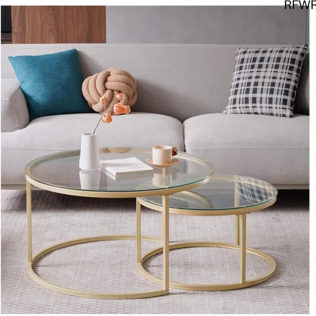 RFWR Set van 2 moderne goudkleurige salontafels van gehard glas - Uittrekbaar en elegant voor woonkamer en slaapkamer Glas Goud