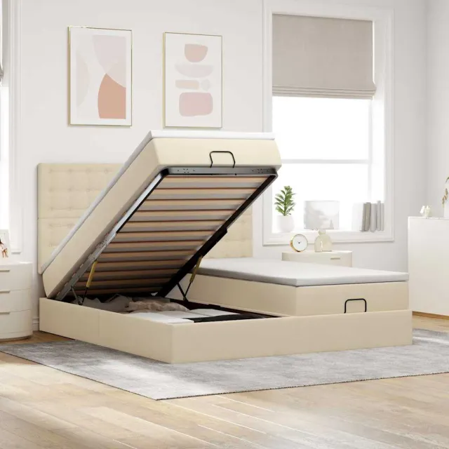 vidaXL Ottoman bed met matrassen 200x200cm stof crèmekleurig