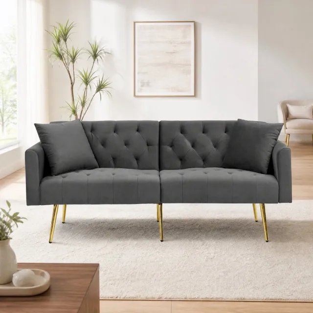 COVREO Slaapbank 177 x 78 x 74 cm - grijs velvet, 3 standen, 2 kussens Gray