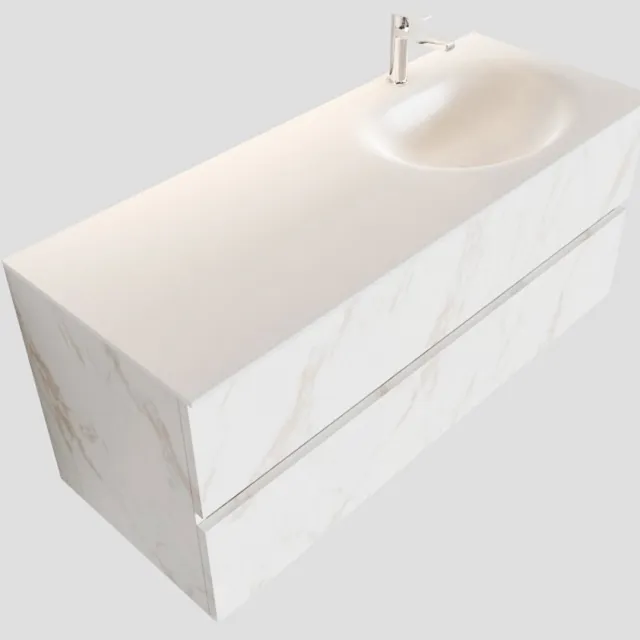 Boss & Wessing Badkamermeubel BWS Madrid Carrara Mat 120 cm Solid Surface Wastafel Rechts (1 kraangat, 2 lades)