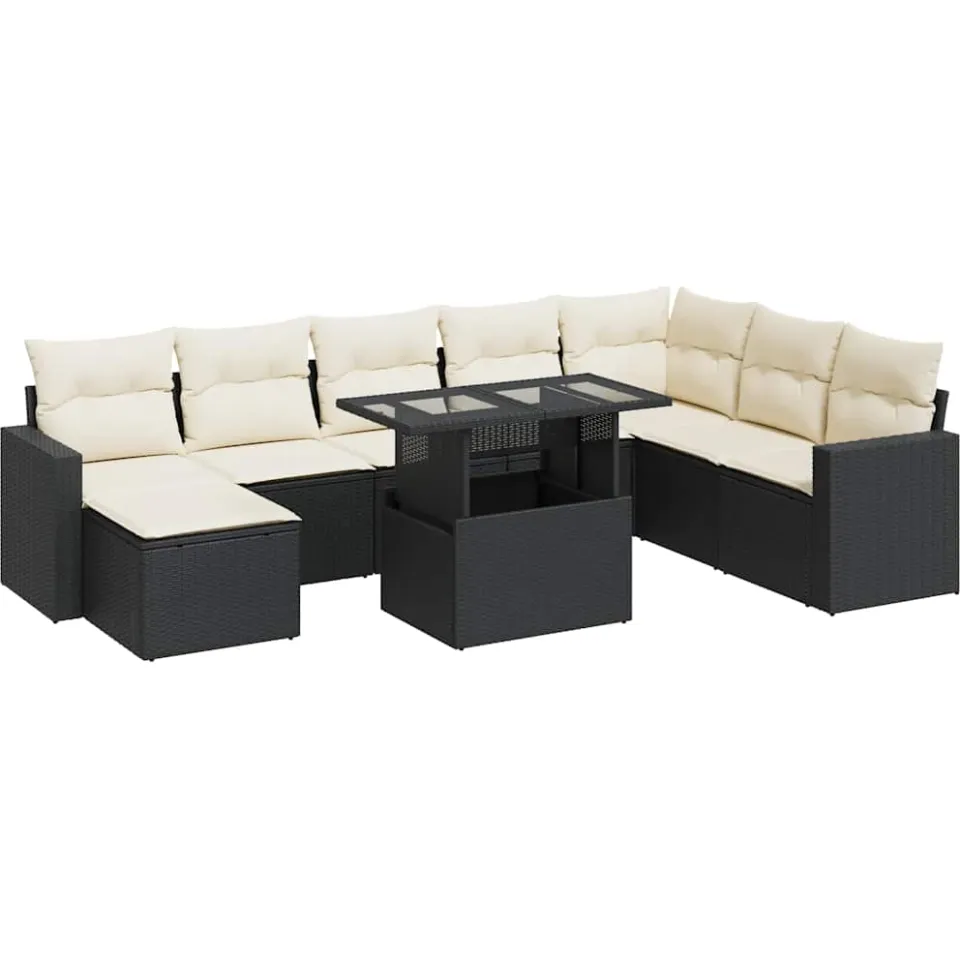 vidaXL 9-delige Loungeset met kussens poly rattan zwart, foto 3