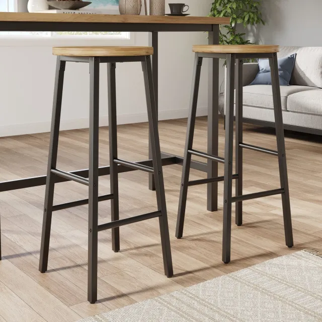 REDOM Barkruk - Set van 2 - Ronde houtlook zitting - Twee voetsteunen - Verstelbare antislipvoeten - Metaal - Zwart - 30 x 30 x 70 cm