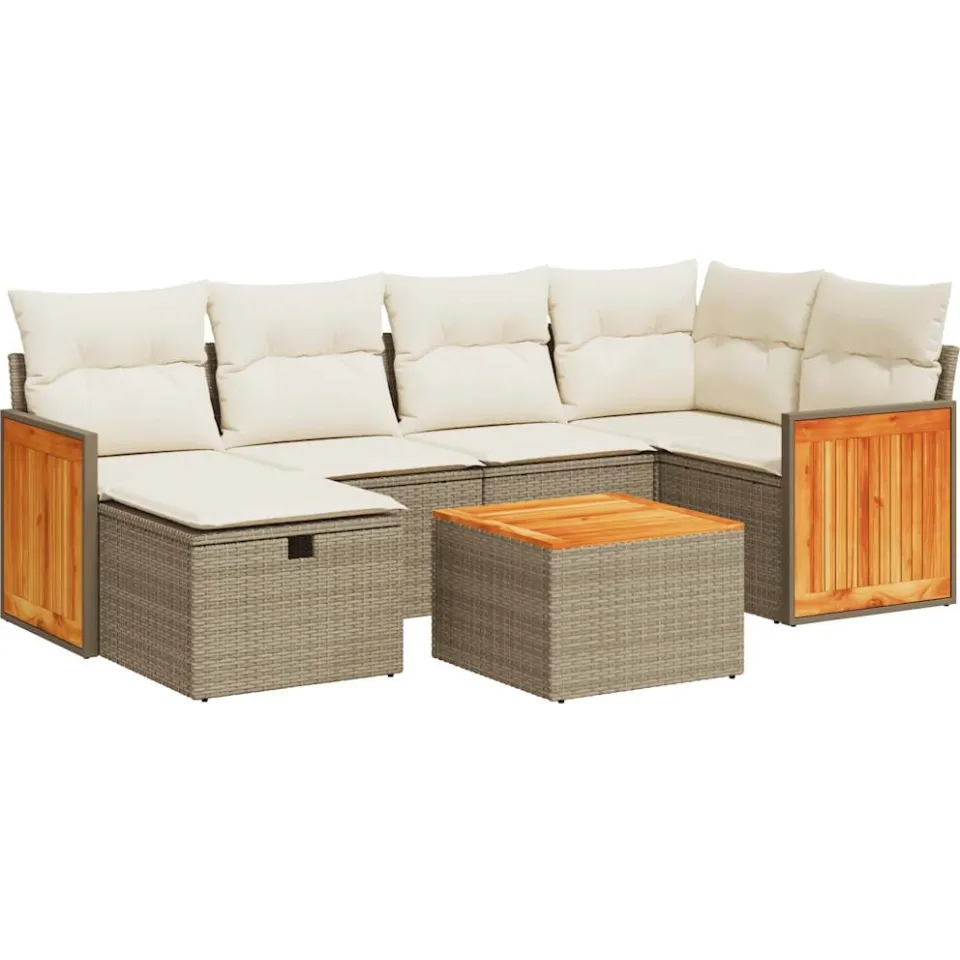 vidaXL 7-delige Loungeset met kussens poly rattan beige, foto 3