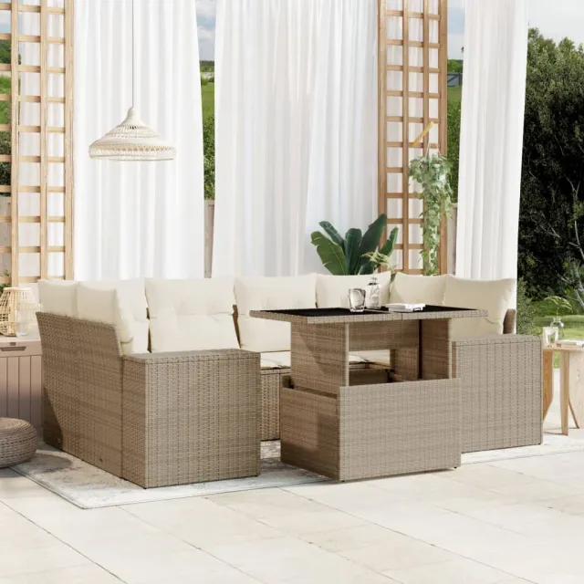 vidaXL 7-delige Loungeset met kussens poly rattan beige, foto 2