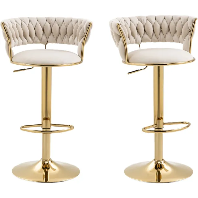 MUVANO Fluwelen barkruk - Verstelbare barkruk - Draaibare barkruk-Keukeneiland stoel – Ergonomisch – Gouden poten – Rugleuning - Voetensteun - Keuken - 60-79,5cm- Set van 2-Goud