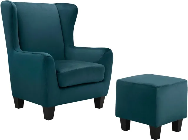 Notio Living Zhili-Fauteuil & Kruk - Petrol Fluweel