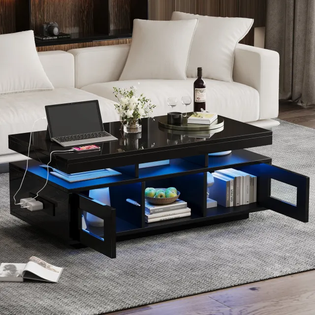Maisentiel Salontafel 100 x 50 x 43 cm met LED, stopcontact, opbergruimte, spaanplaat, zwart