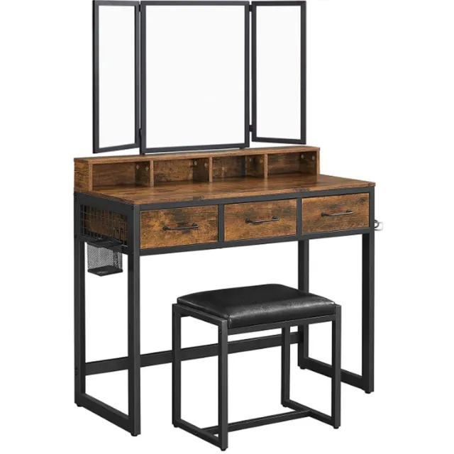 CGPN kaptafel Dressing Table met 3-delige klapspiegel, Haardroger Houder, make up tafel met gestoffeerde kruk, 3 lades, vintage bruin-zwart RVT004B01