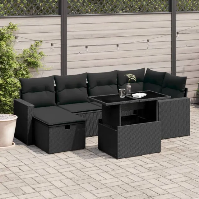 vidaXL 7-delige Loungeset met kussens poly rattan zwart, foto 2