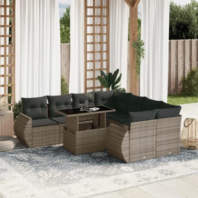 vidaXL 9-delige Loungeset met kussens poly rattan grijs, foto 2