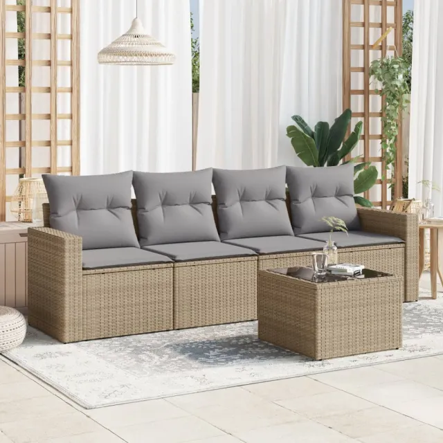 vidaXL 5-delige Loungeset met kussens poly rattan beige, foto 2