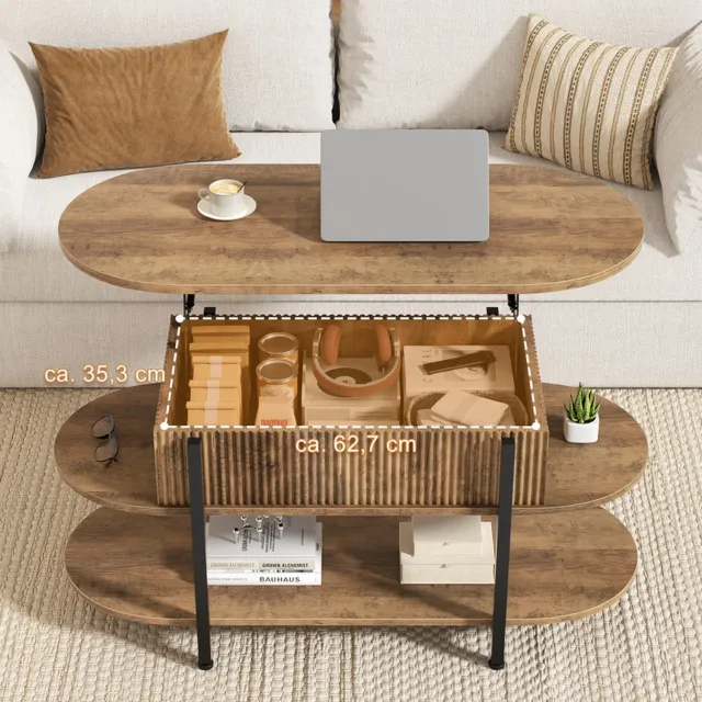 FABATO CT019-Ovale Salontafel-Vintage Eikenlook-In Hoogte Verstelbaar-Verborgen Opbergruimte-3 Etages-Natur