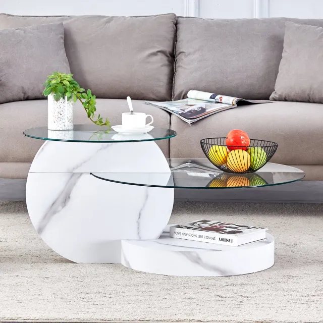MEUNIQ Salontafel 90 x 70 x 44 cm met twee glazen niveaus, veiligheidsglas, wit onderstel met marmerlook en antislipvoetjes voor de woonkamer