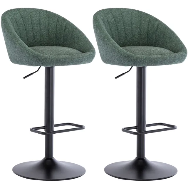 chairus Barkruk Set van 2 Barstoelen - Groen - Stof - Schelpvormige rugleuning - Draaibare en in hoogte verstelbare - Met Metalen Onderstel en Voetsteun - Voor bar en keuken