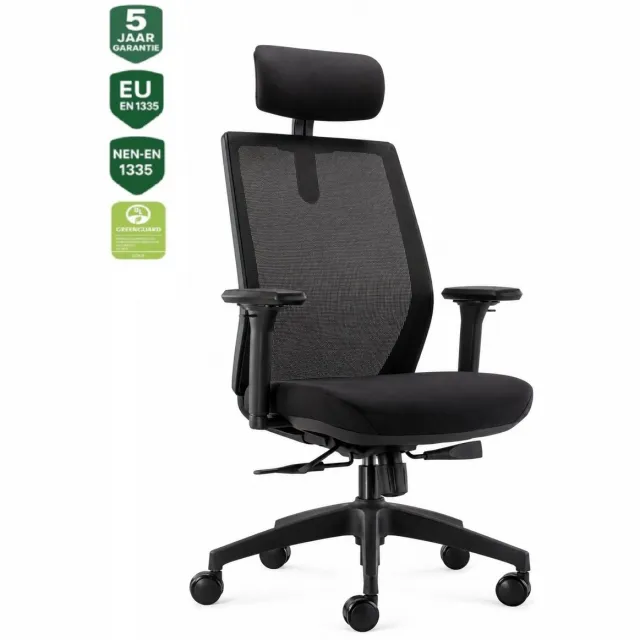 Bens 837H-Ergo-4 - Ergonomische Bureaustoel - Bureaustoelen voor volwassenen - Kantoorstoel - Incl. Hoofdsteun - GREENGUARD GOLD - NEN-EN1335 & ARBO normen Zwart incl. Hoofdsteun