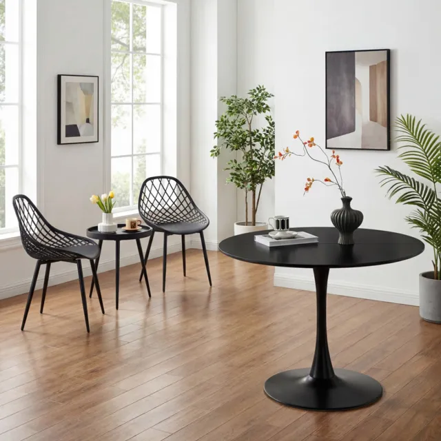 EGGREE Combinatieset: 3-delige tafel- en stoelenset + Ronde Zwarte eettafel - Salontafel bijzettafel - Geschikt voor woonkamer, slaapkamer, lounge, eetkamer en kantoor - 100 x 100 x 73 cm - Tafelblad met gesplitst ontwerp