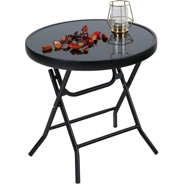 Famanu Inklapbare ronde bijzettafel - glas - van metaal - tuintafel - koffietafel - klein - balkontafel - weerbestendig - onderhoudsvriendelijk zwart
