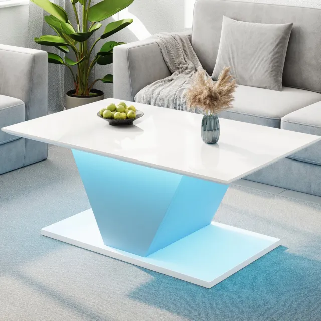 MEUNIQ Salontafel 100 x 50 x 46 cm met app-bedienbare LED-verlichting via USB, hoogglans blad en V-vormig onderstel voor woonkamer, wit
