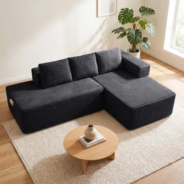 COMHOMA Hoekbank 228 cm - Corduroy L-vorm met Slaapfunctie - Zwart-L