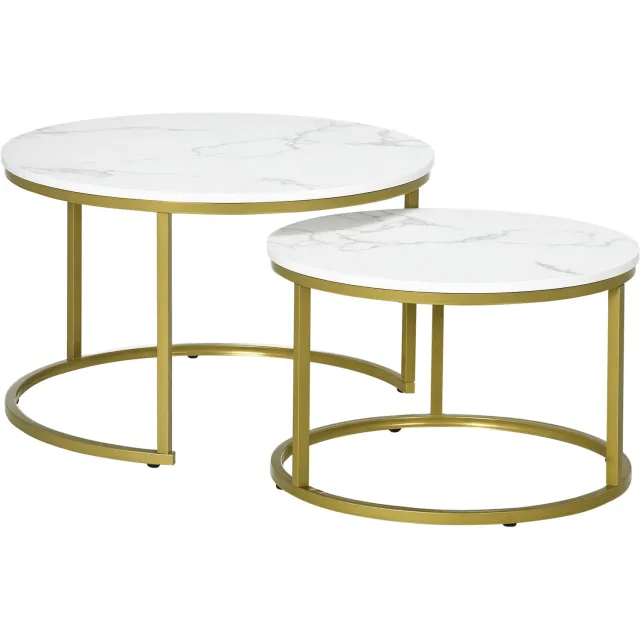 Lunpog Set van 2 in elkaar schuifbare salontafels, ronde tafels met blad in wit marmerlook en goudkleurige stalen poten, Diameter 74 x 46,3 cm